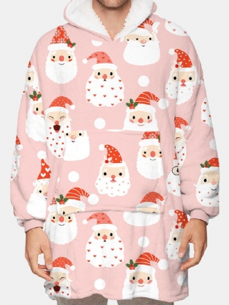 Tecknad Jultomtetryck För Män Tjock Fleecefodrad Vändbar Hemfilt Hoodie