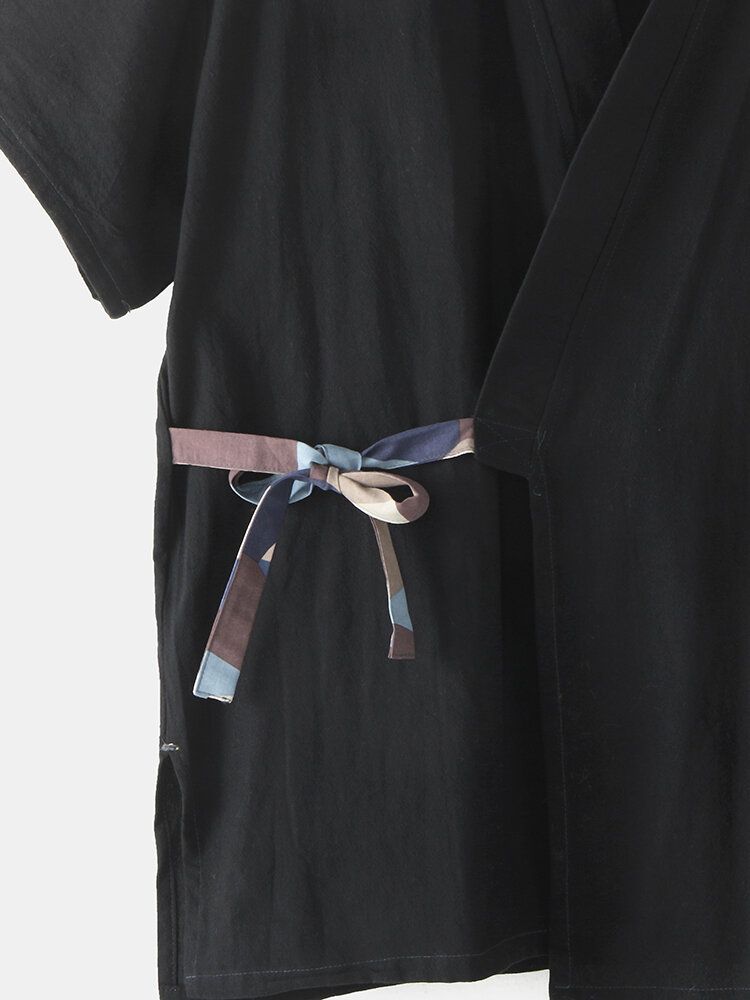 V-ringad Topp För Män Med Geometriskt Tryck Elastisk Midjeficka Japansk Stil Bastukostym Hempyjamas
