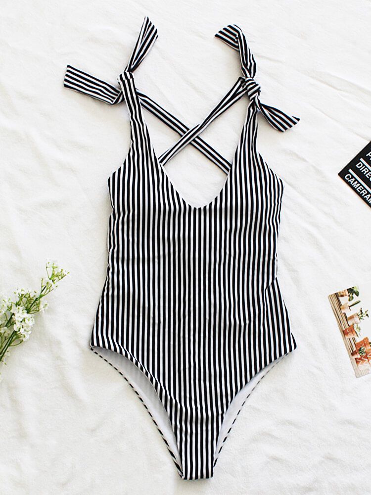 Kvinnor Pinstripe Criss Cross Back Söt Rosett Axel One Piece Slimming Baddräkt