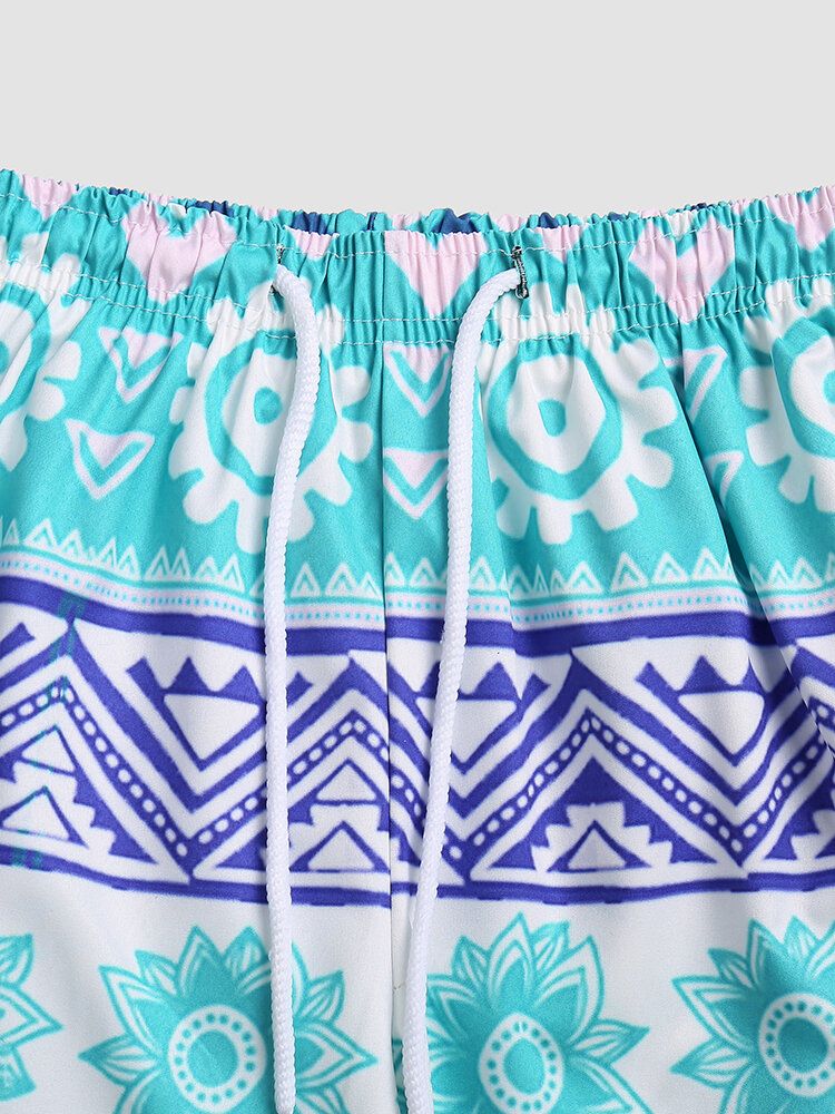 Män Blommigt Geometriskt Tryck Tunna Coola Snabbtorka Mesh Fodrade Board Shorts