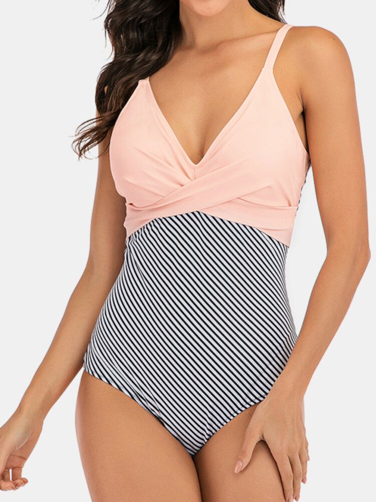 Plus Size Dam Stripe Splice Two Tone Skinny Fit One Piece Badkläder
