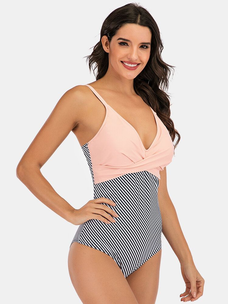 Plus Size Dam Stripe Splice Two Tone Skinny Fit One Piece Badkläder
