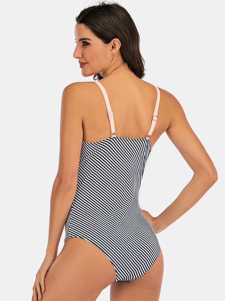 Plus Size Dam Stripe Splice Two Tone Skinny Fit One Piece Badkläder