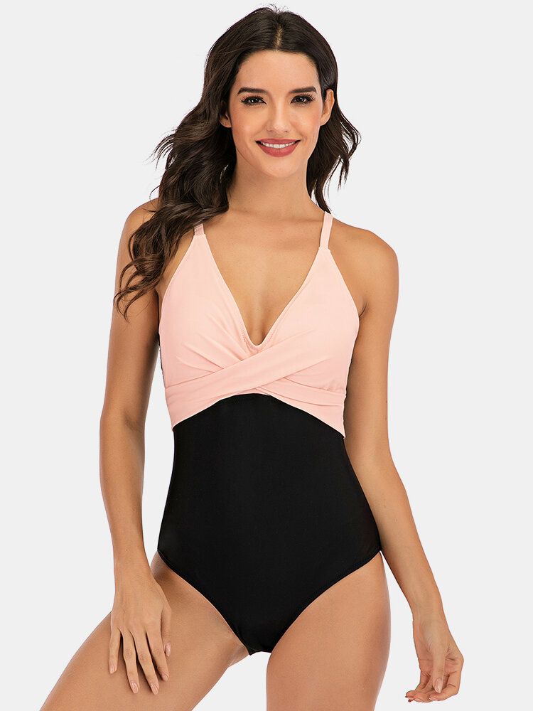 Plus Size Dam Stripe Splice Two Tone Skinny Fit One Piece Badkläder