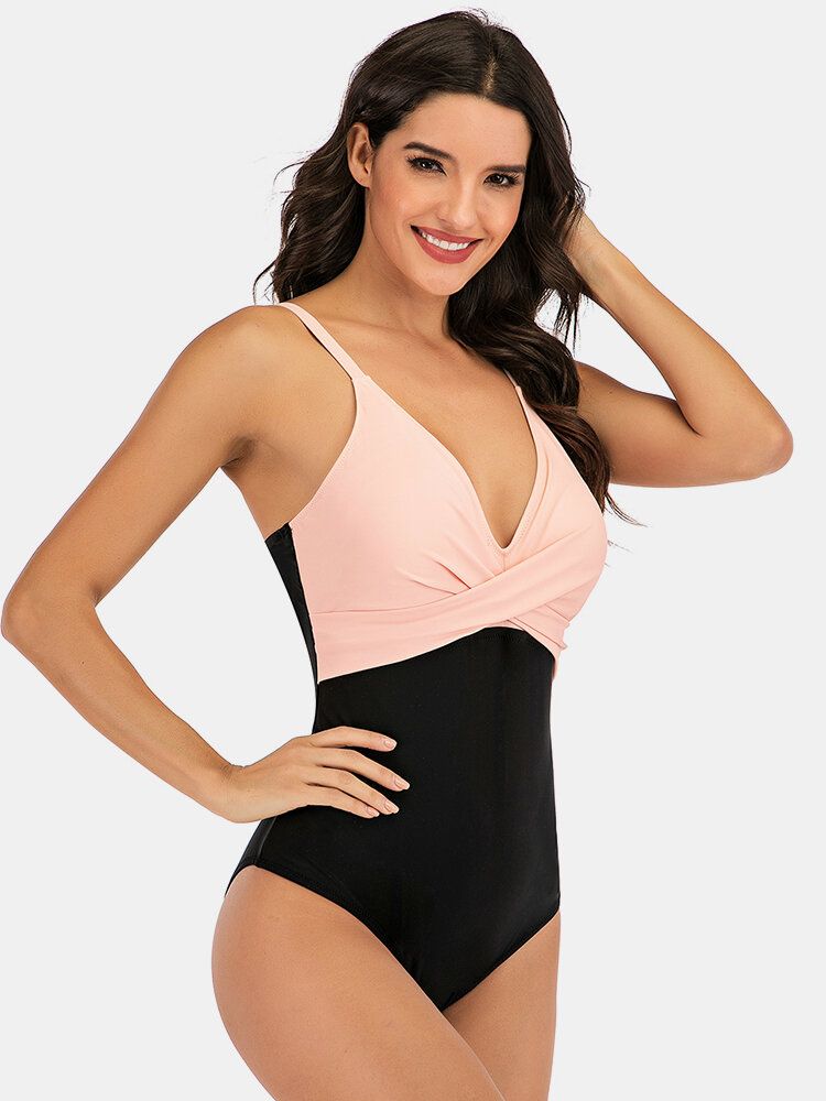 Plus Size Dam Stripe Splice Two Tone Skinny Fit One Piece Badkläder