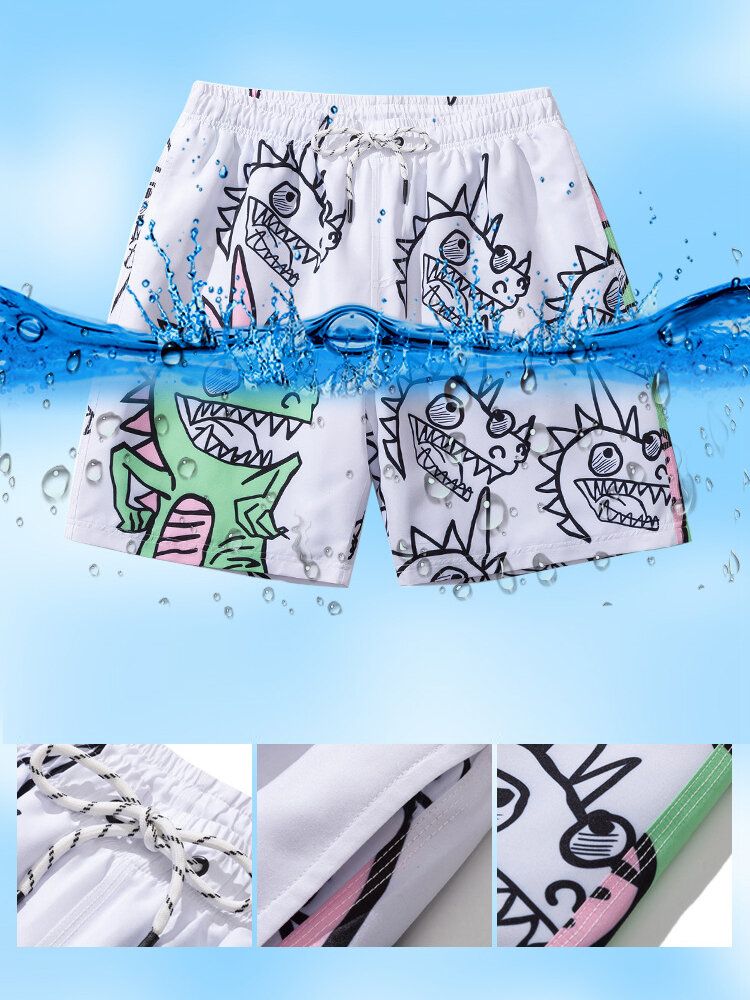 Tecknad Dinosaurietryck För Män Snabbtorkande Strandshorts Med Dragsko