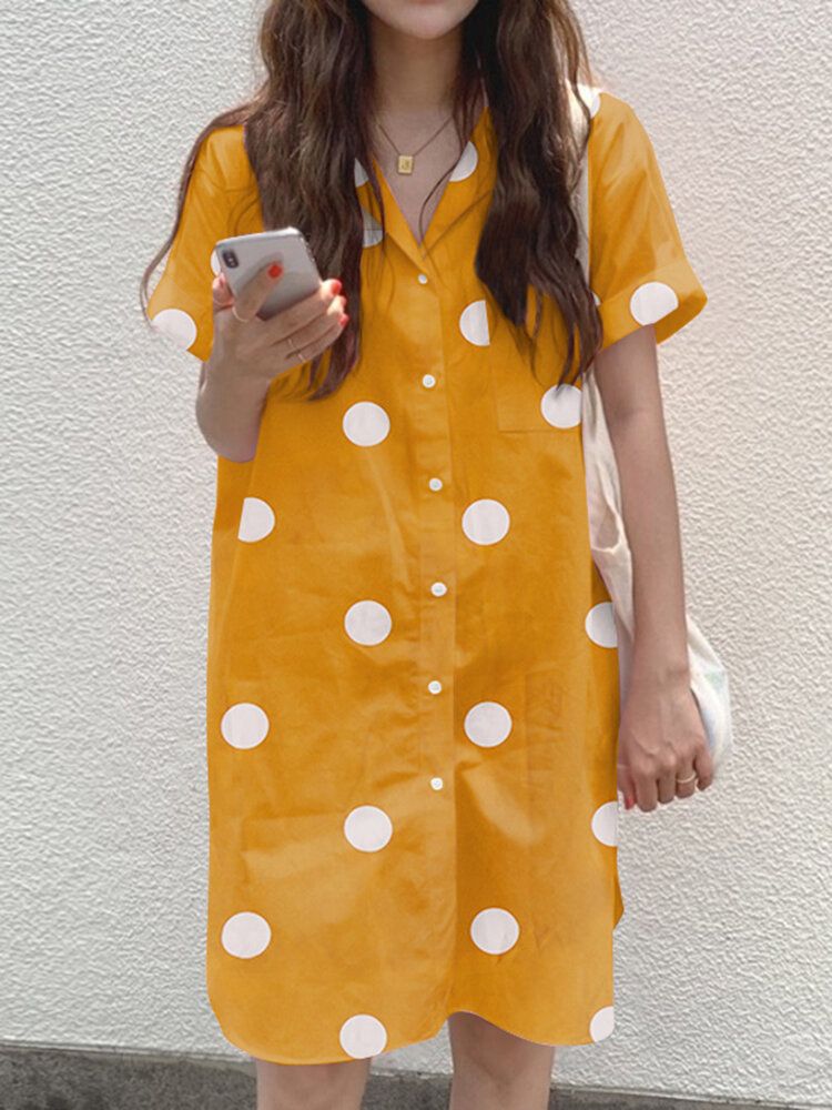 Cottagecore Polka Dot Pocket Button Split Shirt Klänning