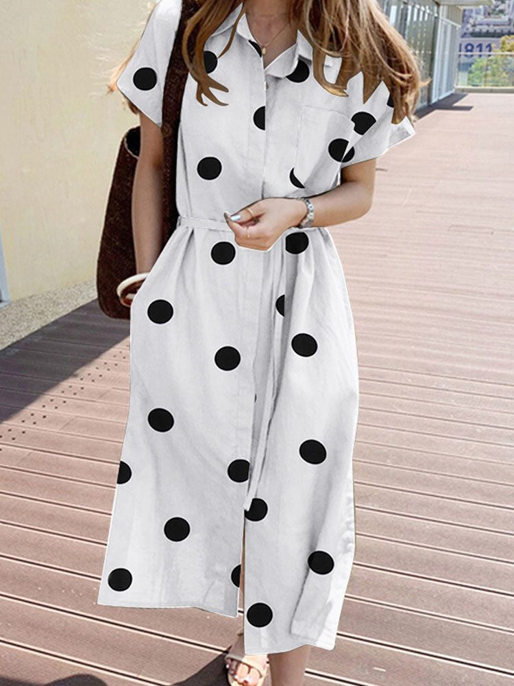 Cottagecore Polka Dot Pocket Lapel Kortärmad Skjortklänning