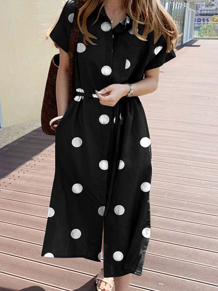 Cottagecore Polka Dot Pocket Lapel Kortärmad Skjortklänning