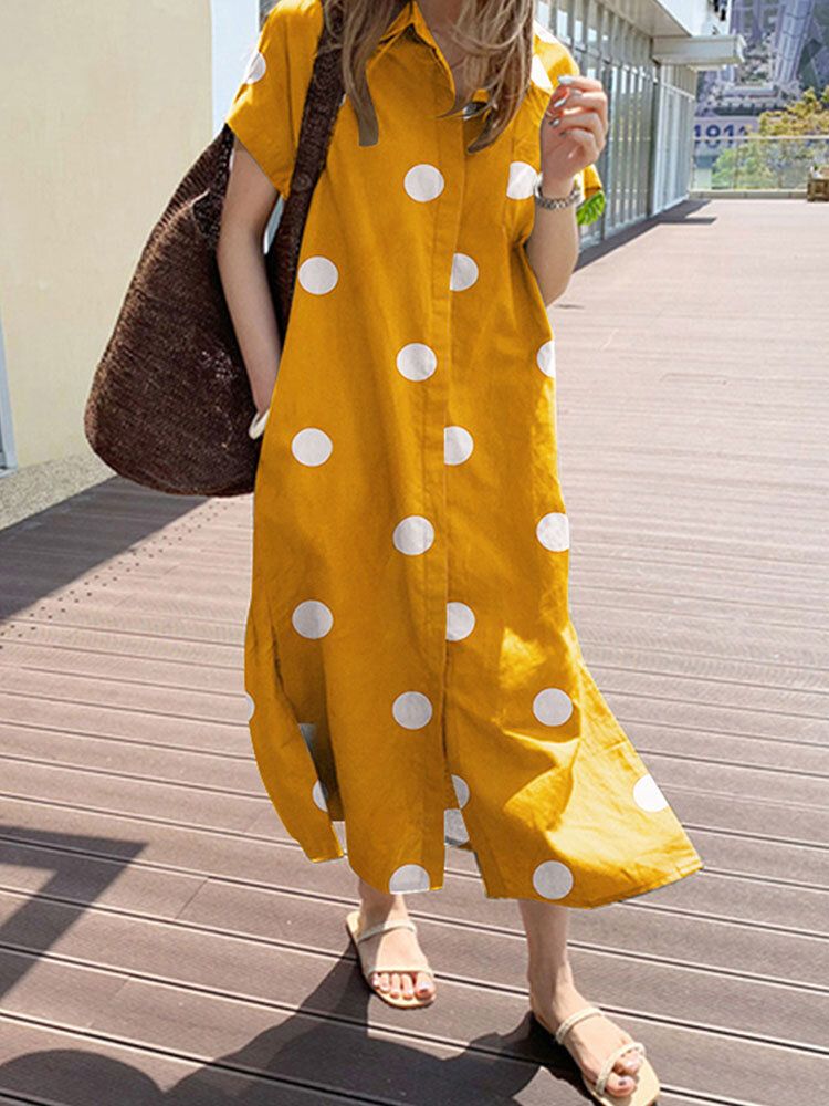 Cottagecore Polka Dot Pocket Lapel Kortärmad Skjortklänning