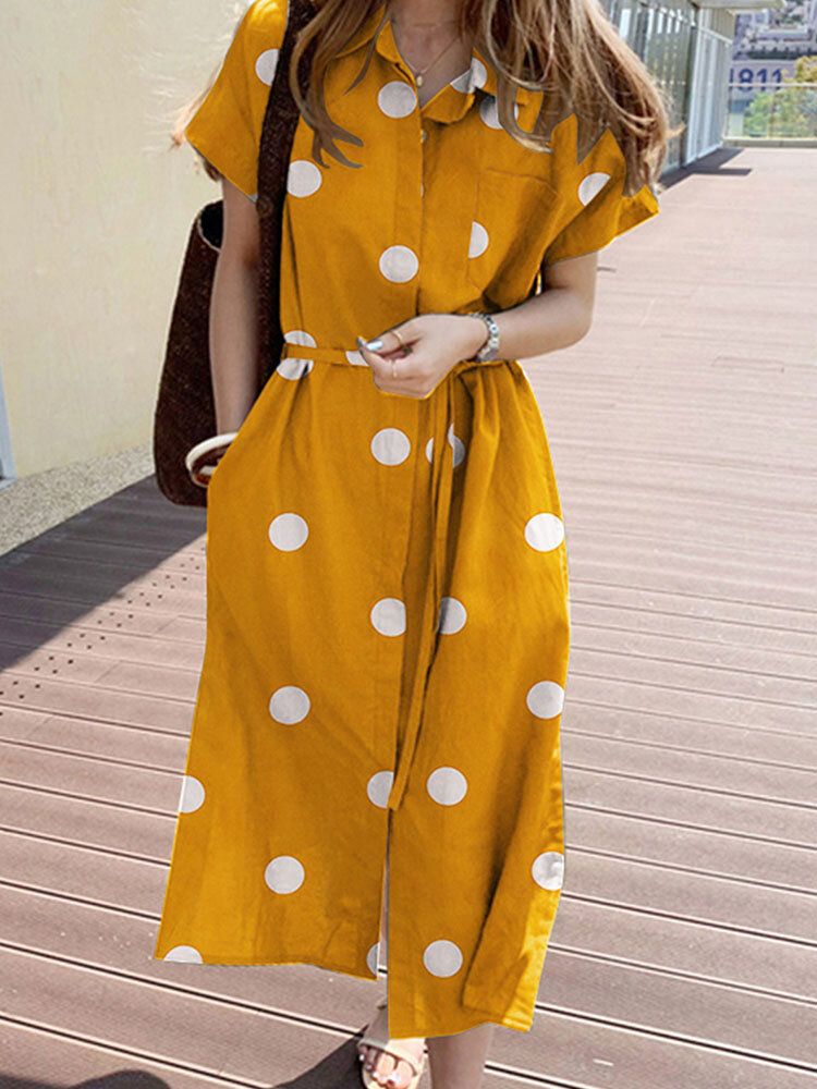 Cottagecore Polka Dot Pocket Lapel Kortärmad Skjortklänning