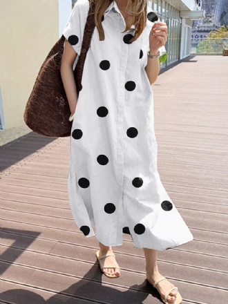 Cottagecore Polka Dot Pocket Lapel Kortärmad Skjortklänning