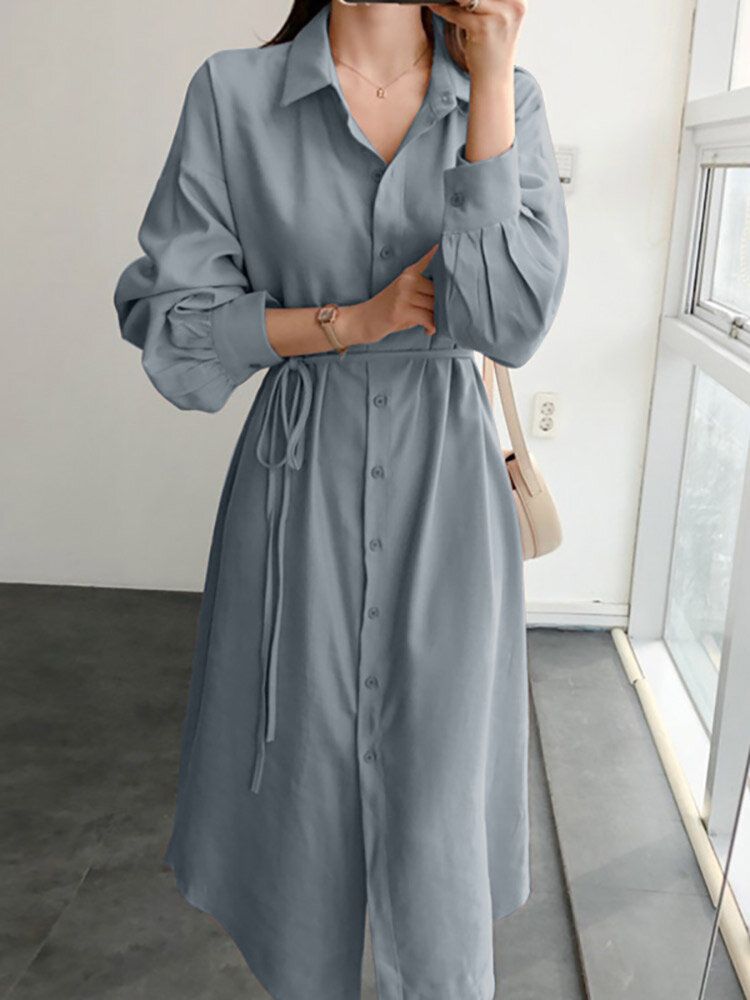 Solid Bälte Långärmad Lapel Button Down Skjortklänning