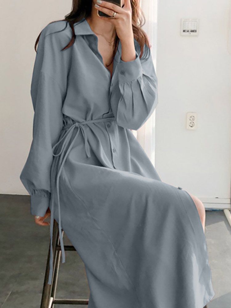Solid Bälte Långärmad Lapel Button Down Skjortklänning