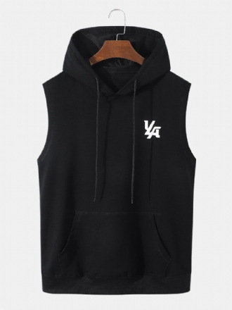 Män Grafisk Letter Ärmlös Huva Dragsko Kangaroo Pocket Linne