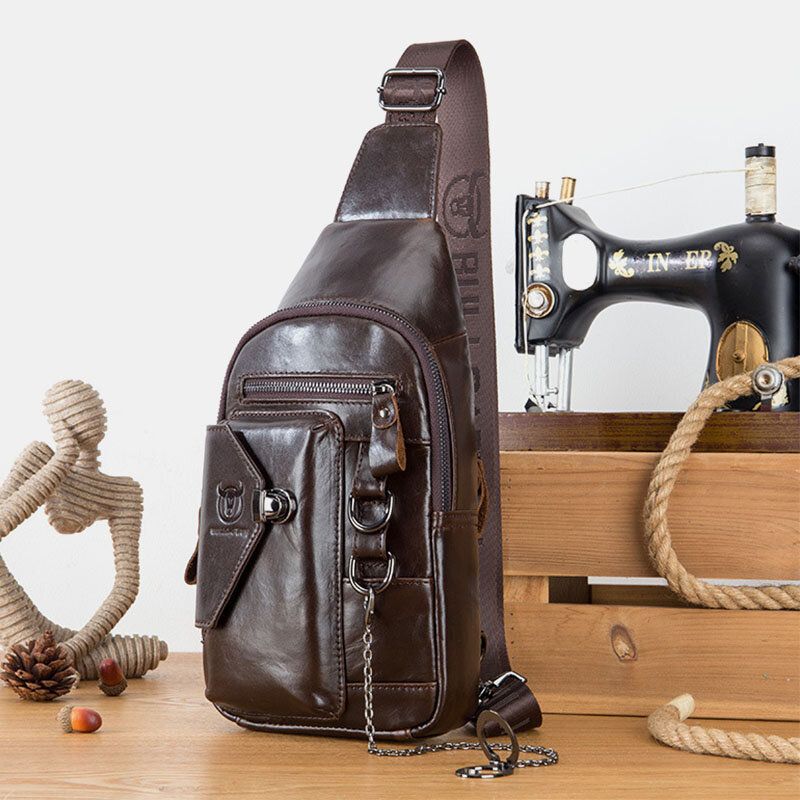 Bullcaptian Män Bröstväska I Mjukt Läder Med Flera Fickor Vintage Mobiltelefon Hållare Kedja Crossbody Axelväska