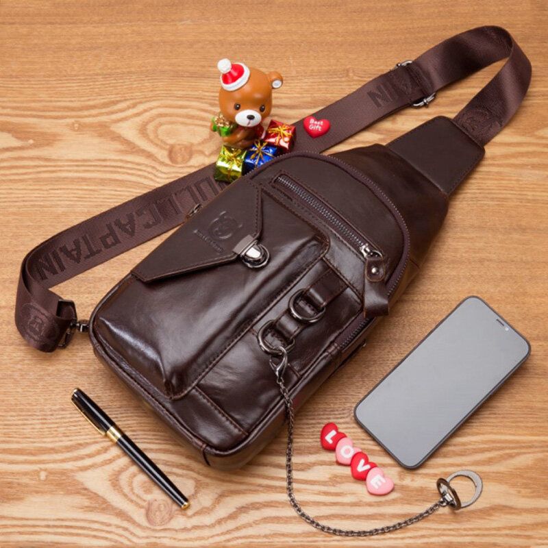 Bullcaptian Män Bröstväska I Mjukt Läder Med Flera Fickor Vintage Mobiltelefon Hållare Kedja Crossbody Axelväska