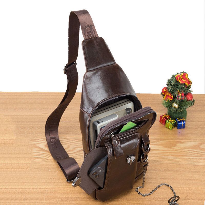 Bullcaptian Män Bröstväska I Mjukt Läder Med Flera Fickor Vintage Mobiltelefon Hållare Kedja Crossbody Axelväska