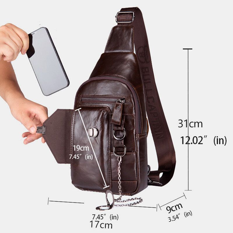 Bullcaptian Män Bröstväska I Mjukt Läder Med Flera Fickor Vintage Mobiltelefon Hållare Kedja Crossbody Axelväska