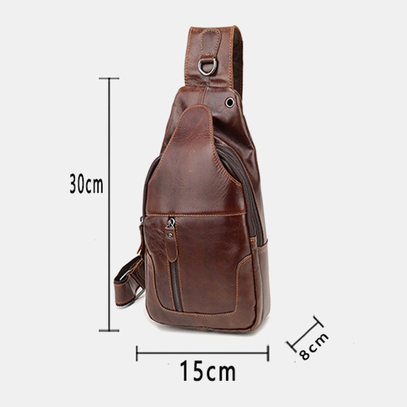 Män First Layer Kohud Retro Multi-pocket Hörlurar Hål Design Bröstväska Crossbody Bag