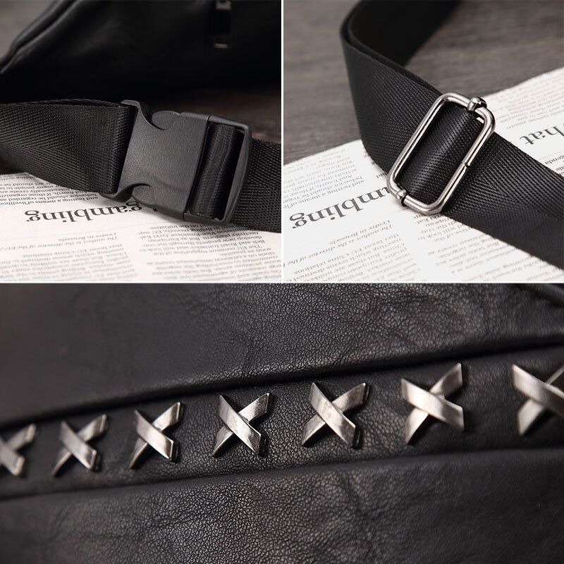 Män Pu Läder Multifunktion Stöldskyddsficka Midjeväska All Match Nit Dekorera Vattentät Bröstväska Crossbody-väska