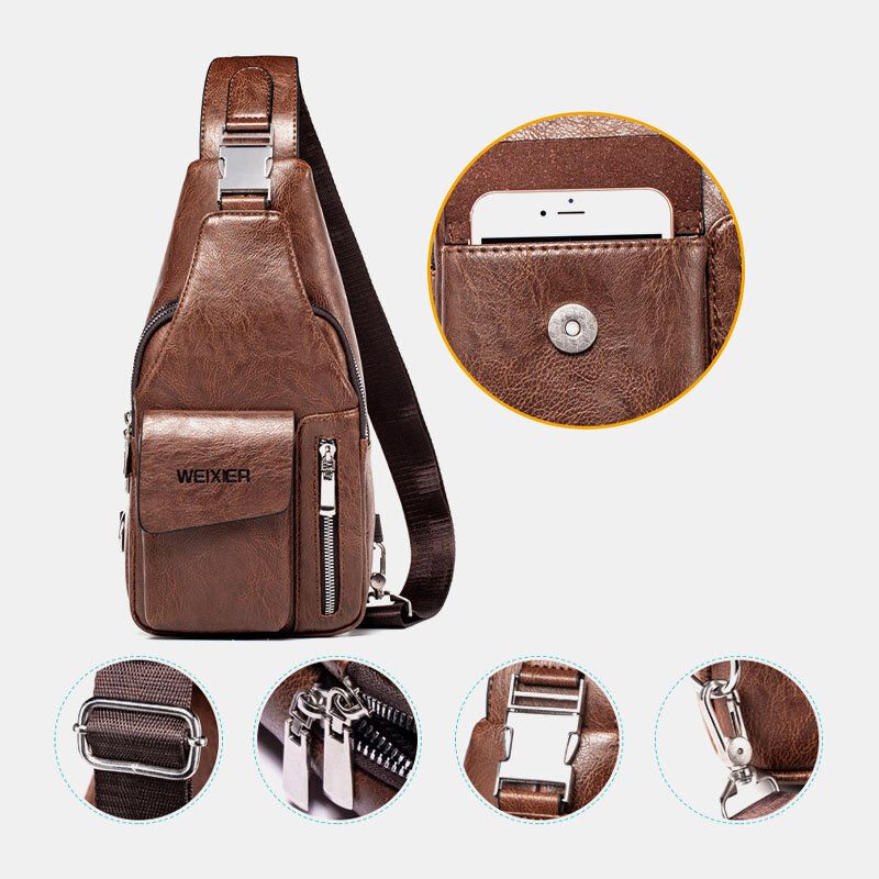 Män Pu Läder Multifunktionell Stor Kapacitet Vattentät 65 Tums Telefonväska Bröstväska Crossbody-väskor