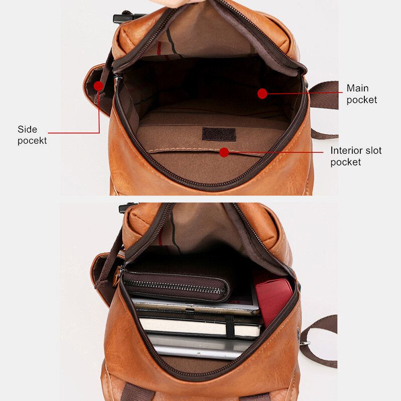 Män Pu Läder Stor Kapacitet Multifunktions Headset Hål Usb Laddning Korta Resa Slingväskor Crossbody Bag Bröstväska