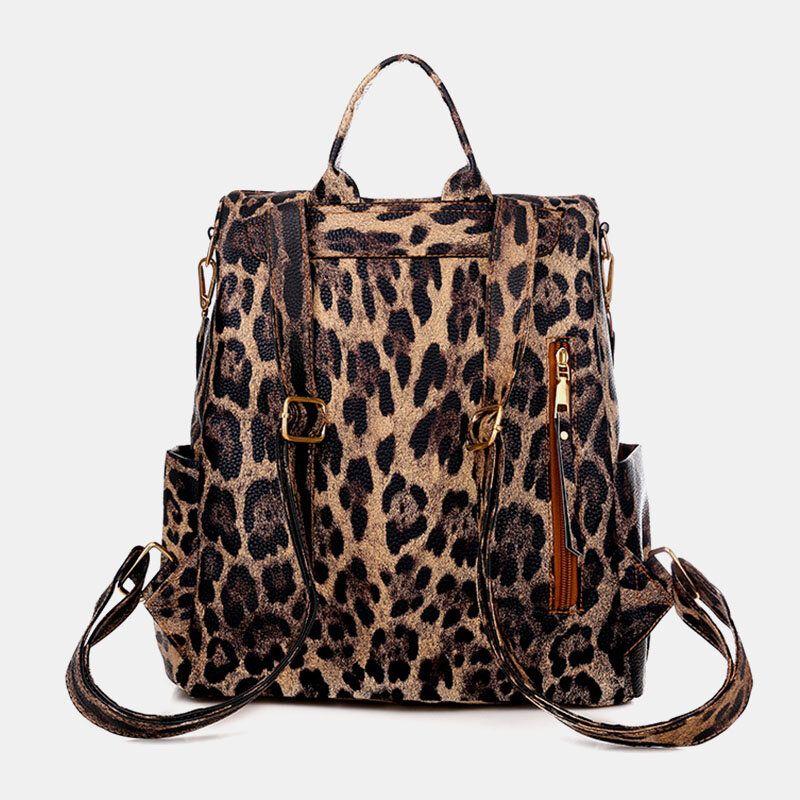 Dam Konstläder Leopard Och Blommönster Mode Casual Ryggsäck