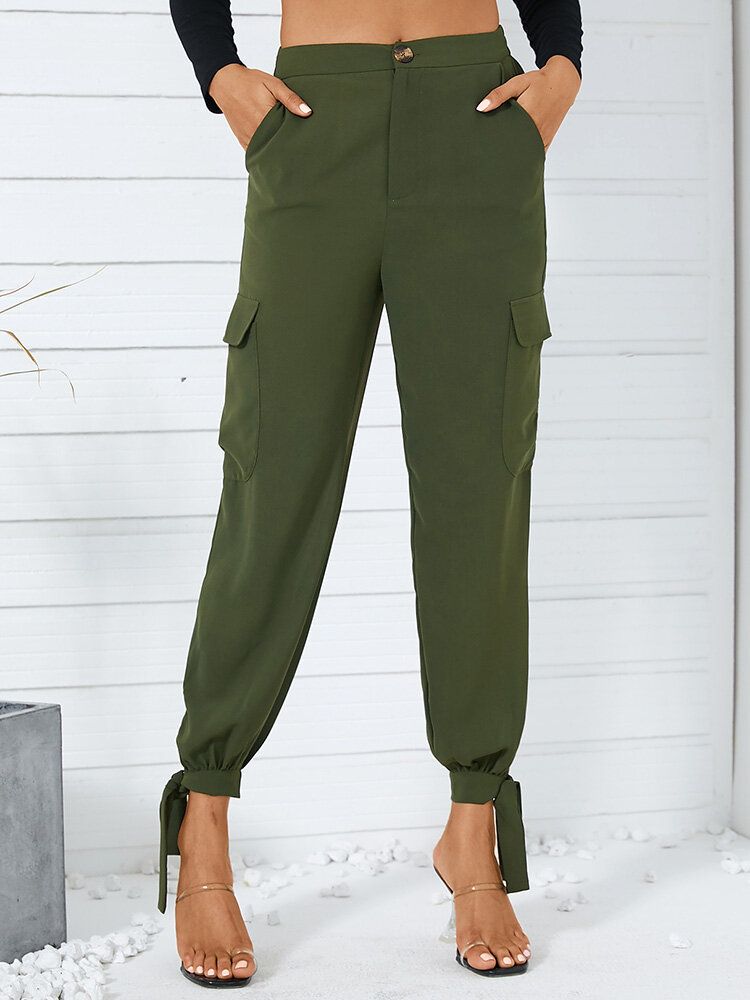 Dam Enfärgad Casual Joggerbyxa Med Hög Midja Med Ficka