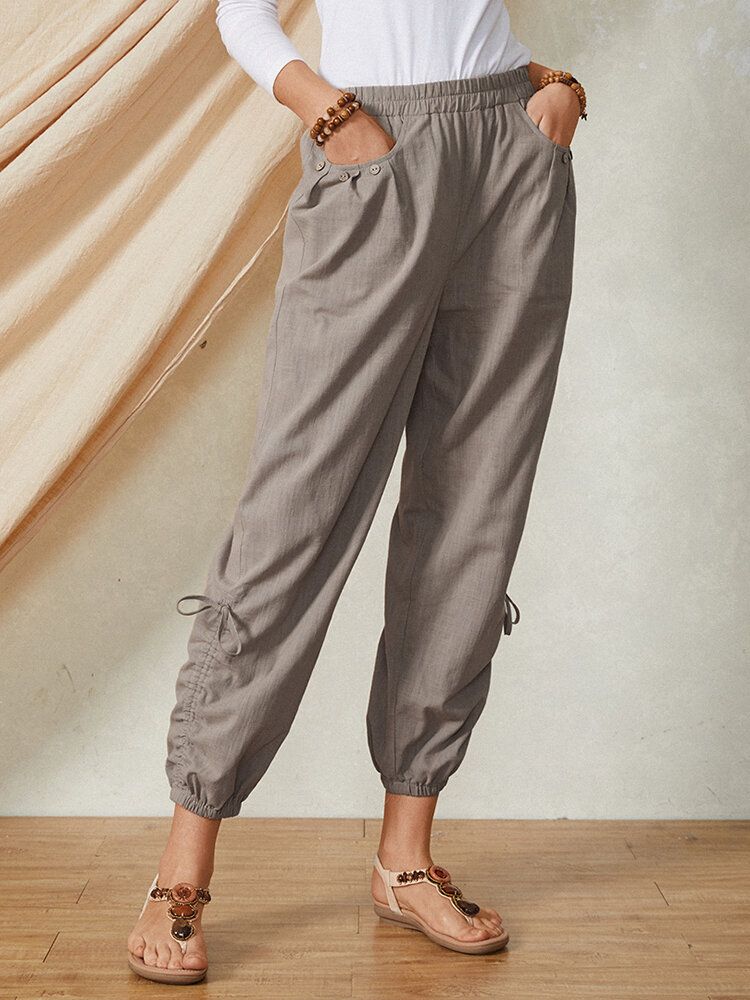 Enfärgad Ficka Elastisk Midja Dragsko Design Casual Bomull Dambyxor