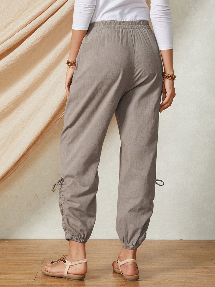 Enfärgad Ficka Elastisk Midja Dragsko Design Casual Bomull Dambyxor