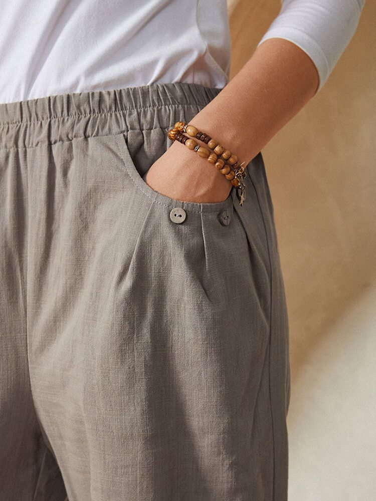 Enfärgad Ficka Elastisk Midja Dragsko Design Casual Bomull Dambyxor