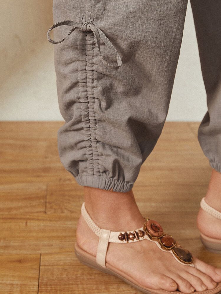 Enfärgad Ficka Elastisk Midja Dragsko Design Casual Bomull Dambyxor