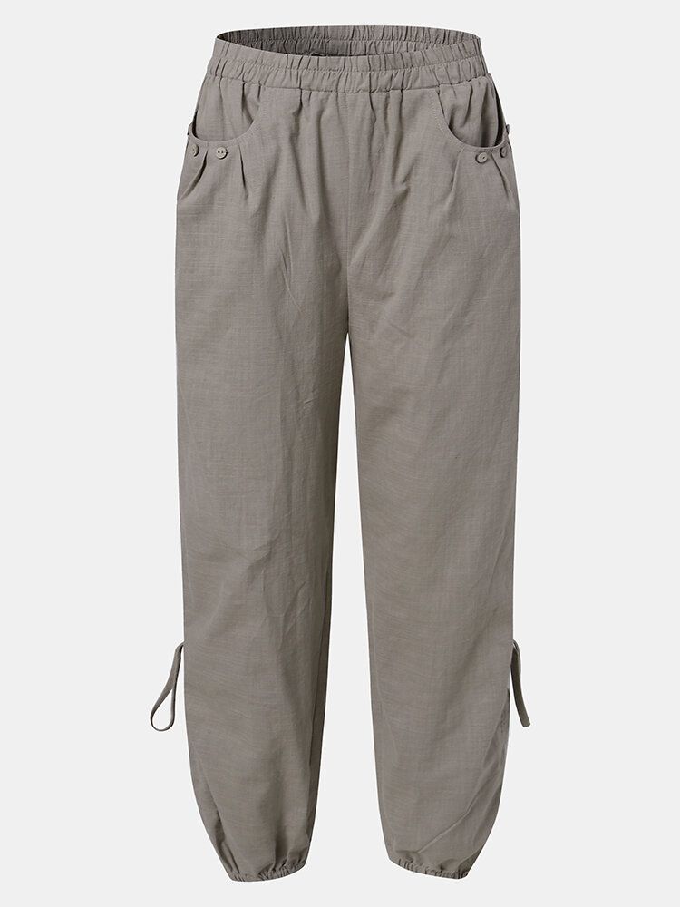Enfärgad Ficka Elastisk Midja Dragsko Design Casual Bomull Dambyxor