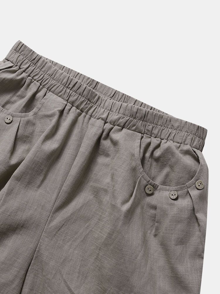 Enfärgad Ficka Elastisk Midja Dragsko Design Casual Bomull Dambyxor