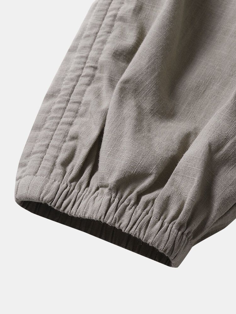 Enfärgad Ficka Elastisk Midja Dragsko Design Casual Bomull Dambyxor