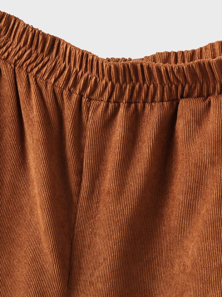 Kvinnor Bred Ben Corduroy Casual Solid Elastisk Midja Lösa Byxor Med Sidficka