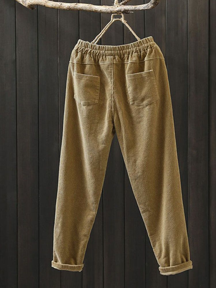Kvinnor Corduroy Solid Enkel Vintage Dragsko Elastiska Midja Byxor