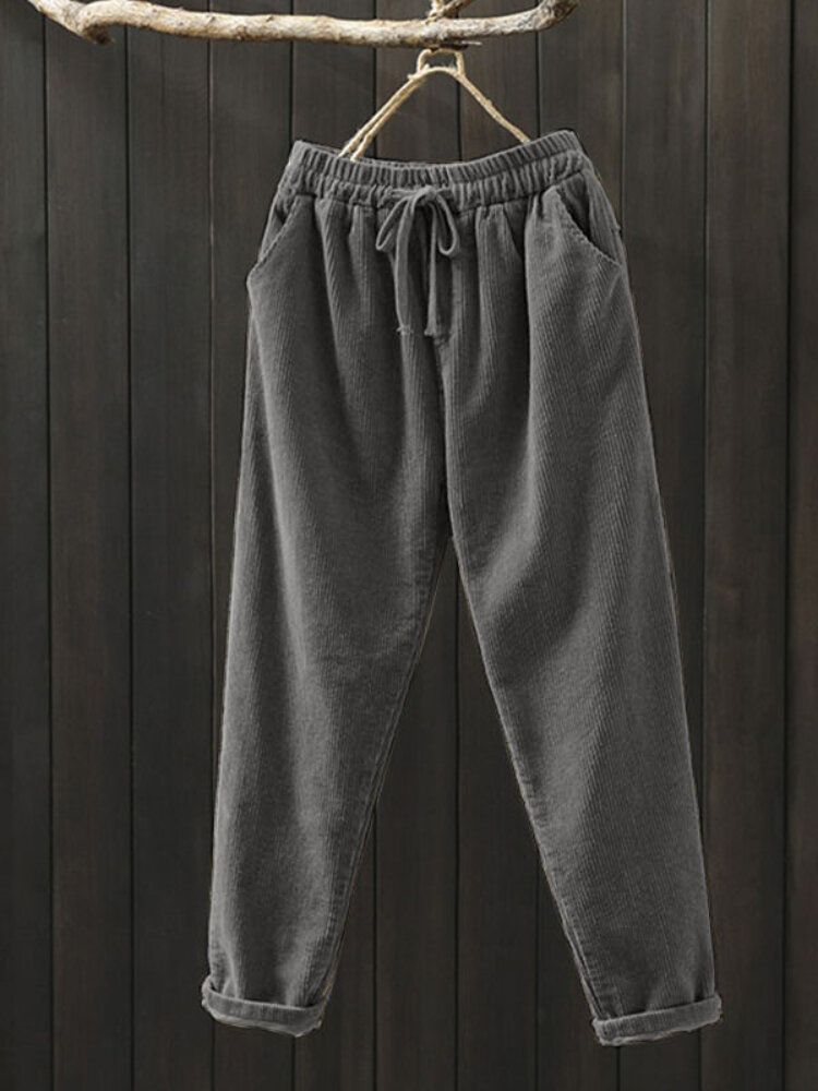 Kvinnor Corduroy Solid Enkel Vintage Dragsko Elastiska Midja Byxor