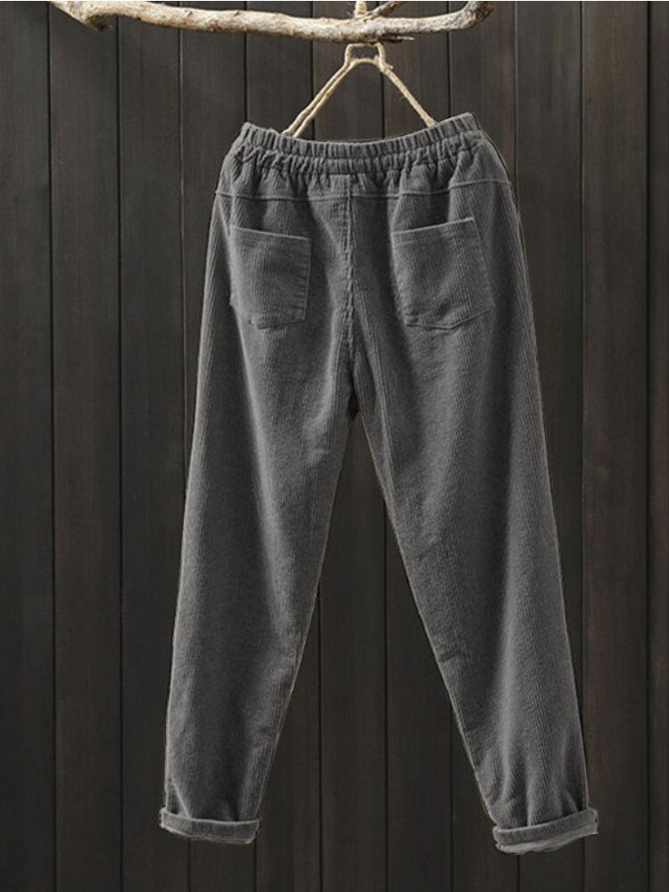 Kvinnor Corduroy Solid Enkel Vintage Dragsko Elastiska Midja Byxor