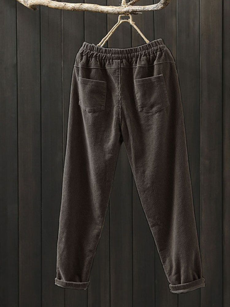 Kvinnor Corduroy Solid Enkel Vintage Dragsko Elastiska Midja Byxor