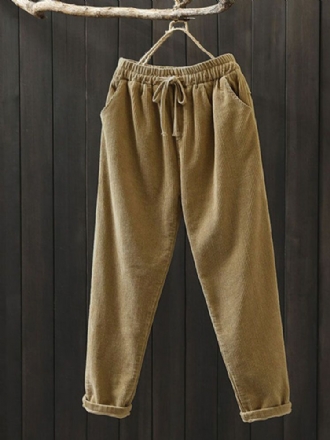 Kvinnor Corduroy Solid Enkel Vintage Dragsko Elastiska Midja Byxor