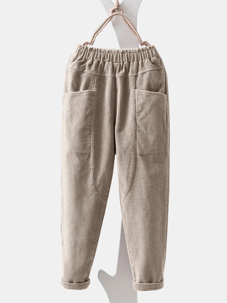 Kvinnor Solid Corduroy Elastisk Midja Bredbenta Smple Bekväma Byxor